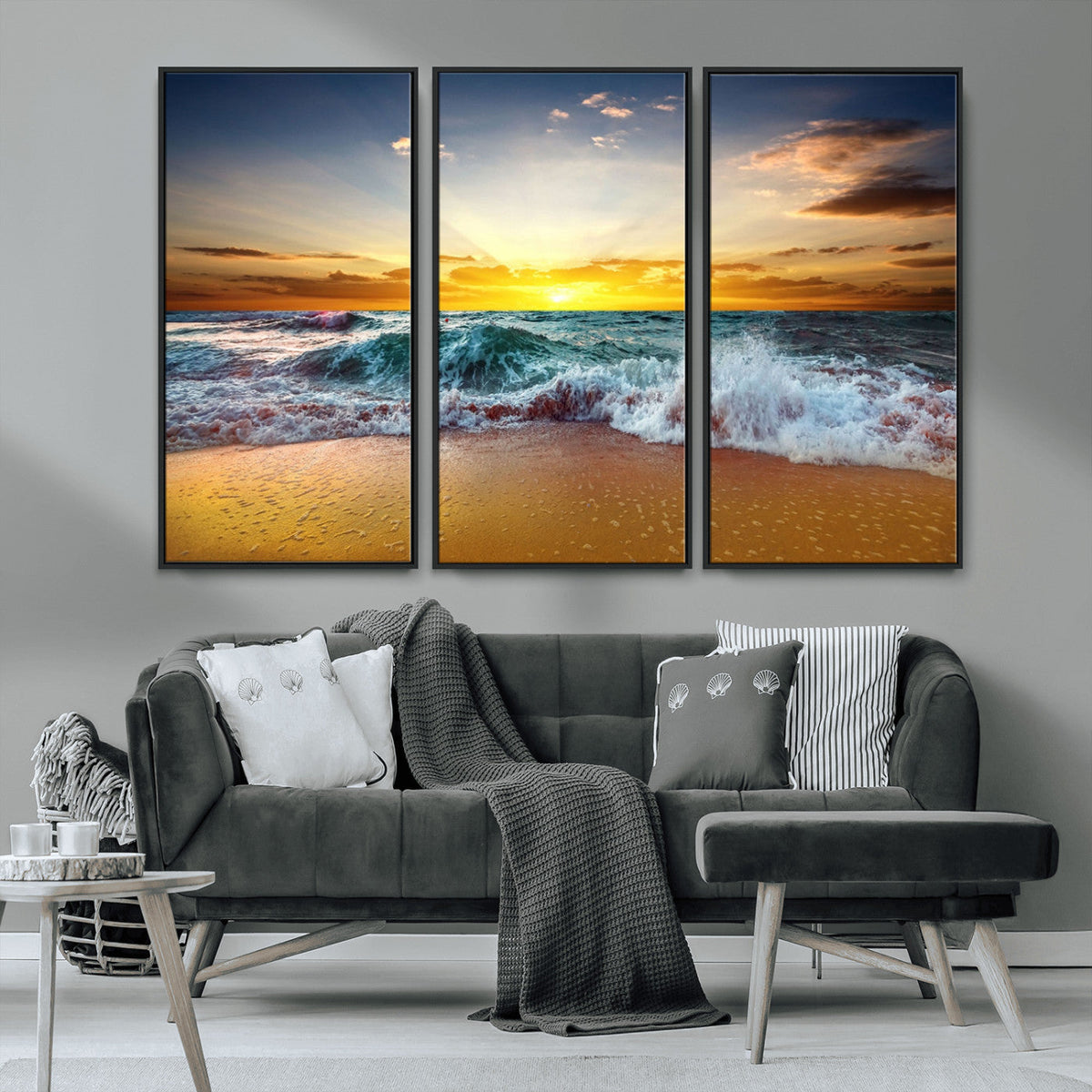 Golden Sunset Ocean Waves Wall Art Canvas Print | Multi Panel Beach Canvas Set, Coastal Triptych