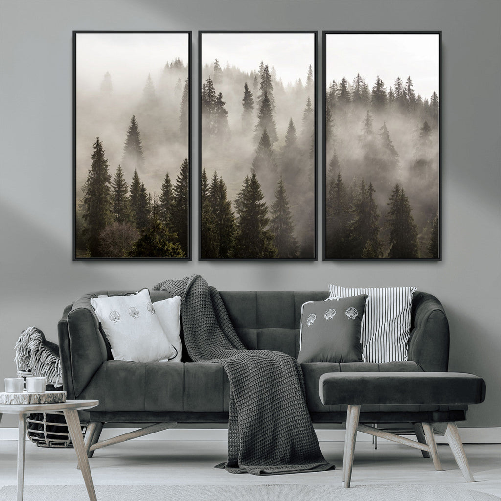 Foggy Mountain Wall Art | 3-Panel Foggy Forest and Mountain Landscape Canvas Print