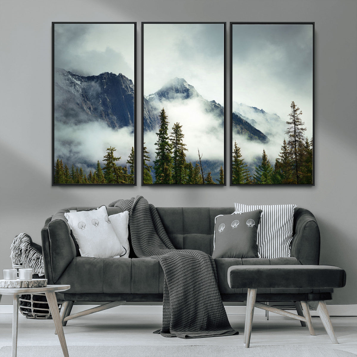 Mountain Mist Canvas Wall Art Print | 3-Panel Foggy Forest and Mountain Landscape
