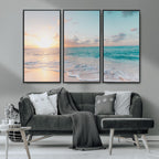 Tranquil Ocean Beach Sunset Canvas Wall Art | 3-Panel Coastal Decor