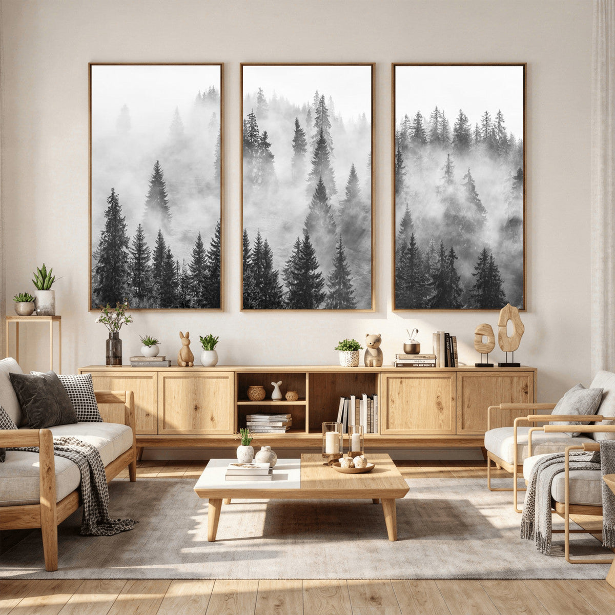 Forest Wall Art Print | Foggy Pine Forest Canvas Wall Art, Black and White Nature Decor