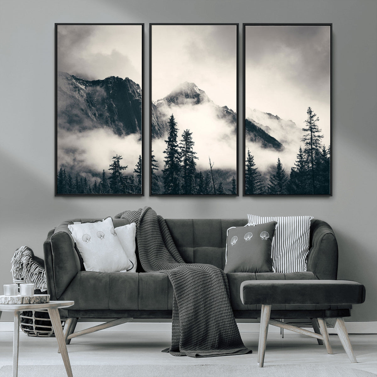 Forest Mountain Print | Black and White Canvas Wall Art with Misty Forest Design