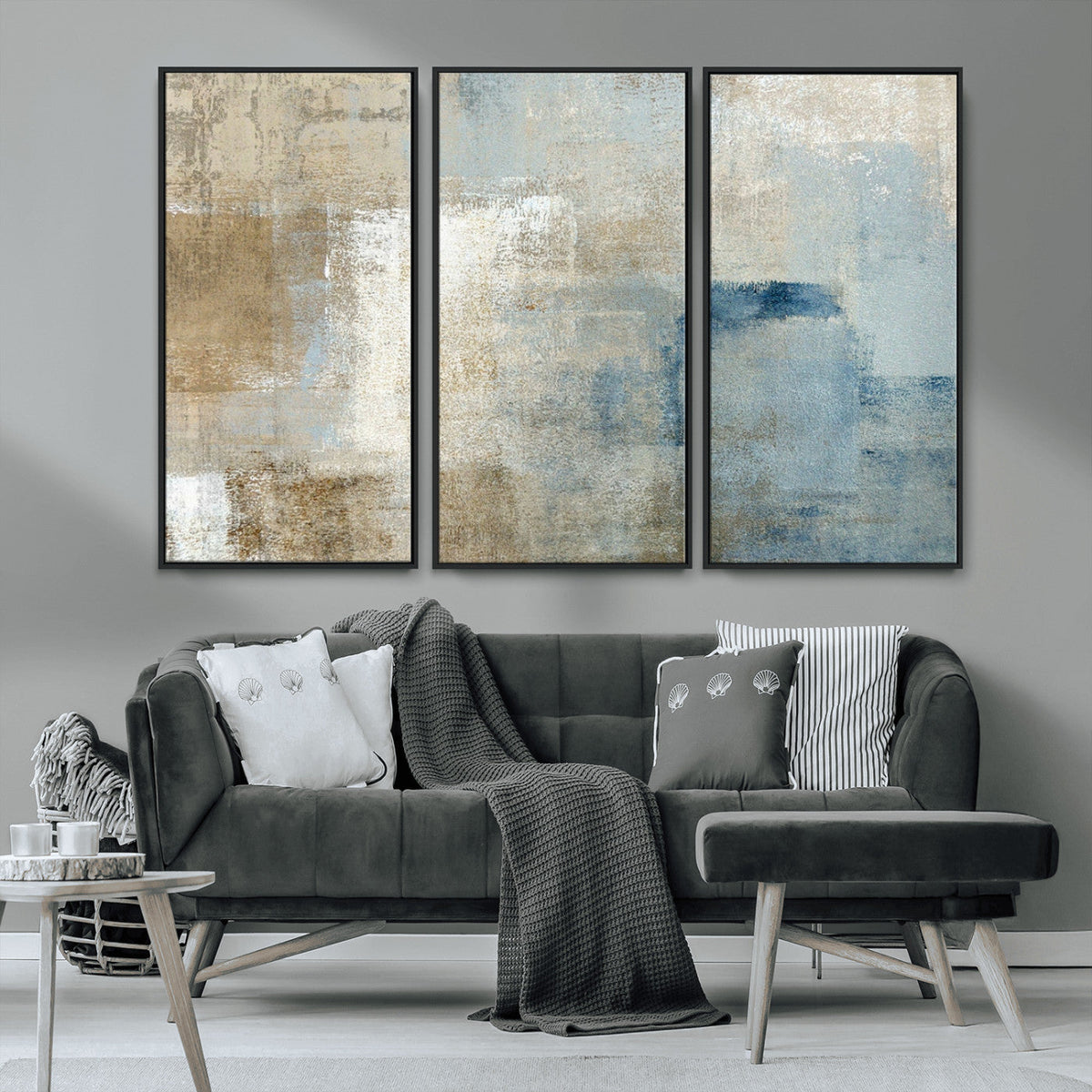 Abstract Blue and Beige Wall Art, Modern Minimalist Canvas Print Set