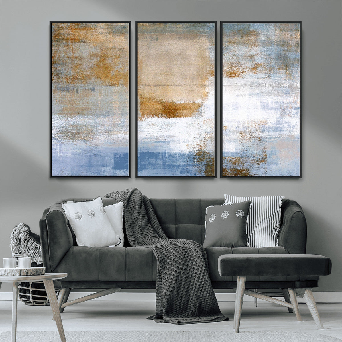 Blue Multi Panel Abstract Wall Art Canvas, Abstract Blue and Gold Canvas Print