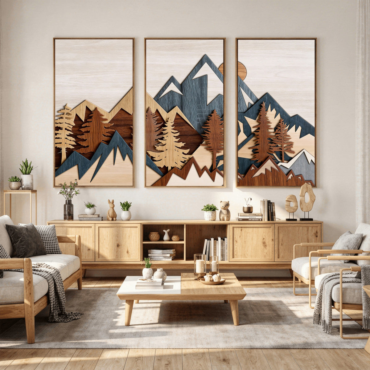 Rustic Abstract Wood Panel Effect Canvas | Mountain Range Top Wood Wall Art Canvas Print