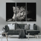 Lion Couple Wall Art Canvas Print, Elegant Black and White Wildlife Portrait