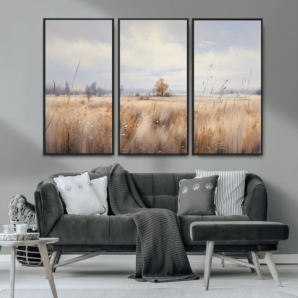 Golden Fields Wall Art Print Canvas | Serene Minimalist Landscape for Farmhouse Decor