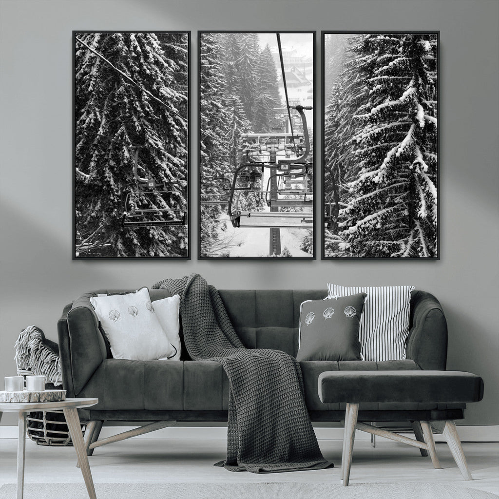 Winter Ski Lift Black and White Canvas Wall Art | Alpine Escape in Minimalist Style