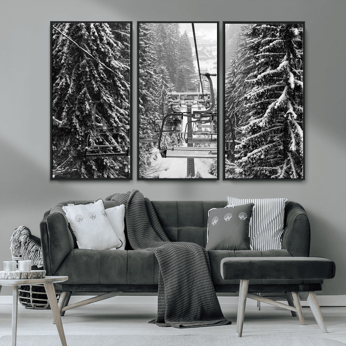 Winter Ski Lift Black and White Canvas Wall Art | Alpine Escape in Minimalist Style