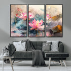 Lotus Flower Wall Art | 3 Panel Giclee Canvas Print of Pink Lotus Blossoms