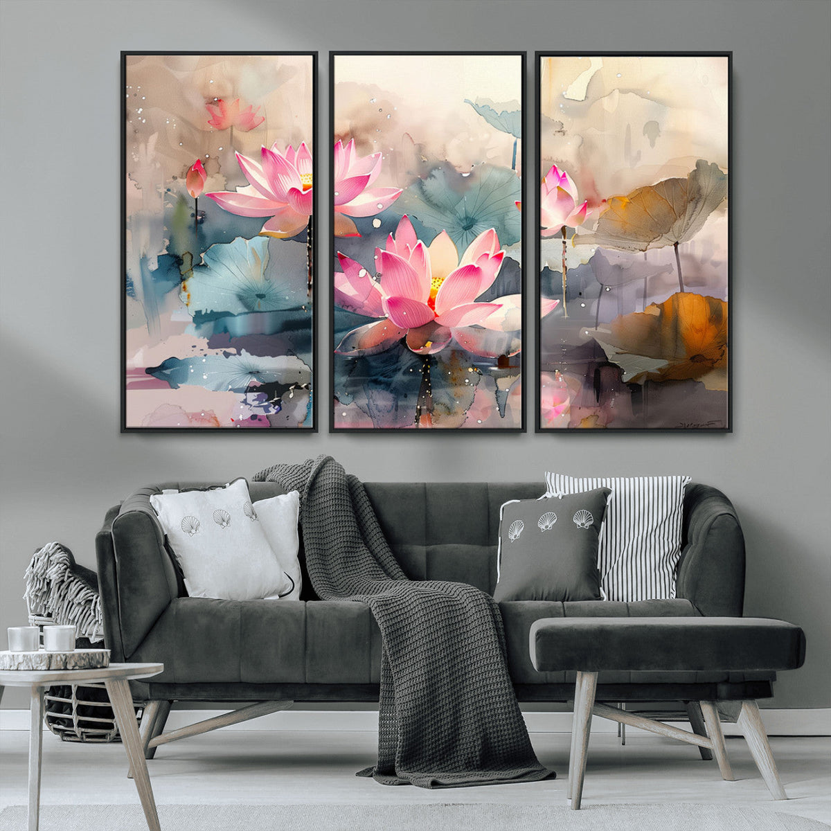 Lotus Flower Wall Art | 3 Panel Giclee Canvas Print of Pink Lotus Blossoms
