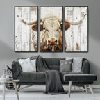 Rustic Longhorn Bull Wall Art Canvas Set