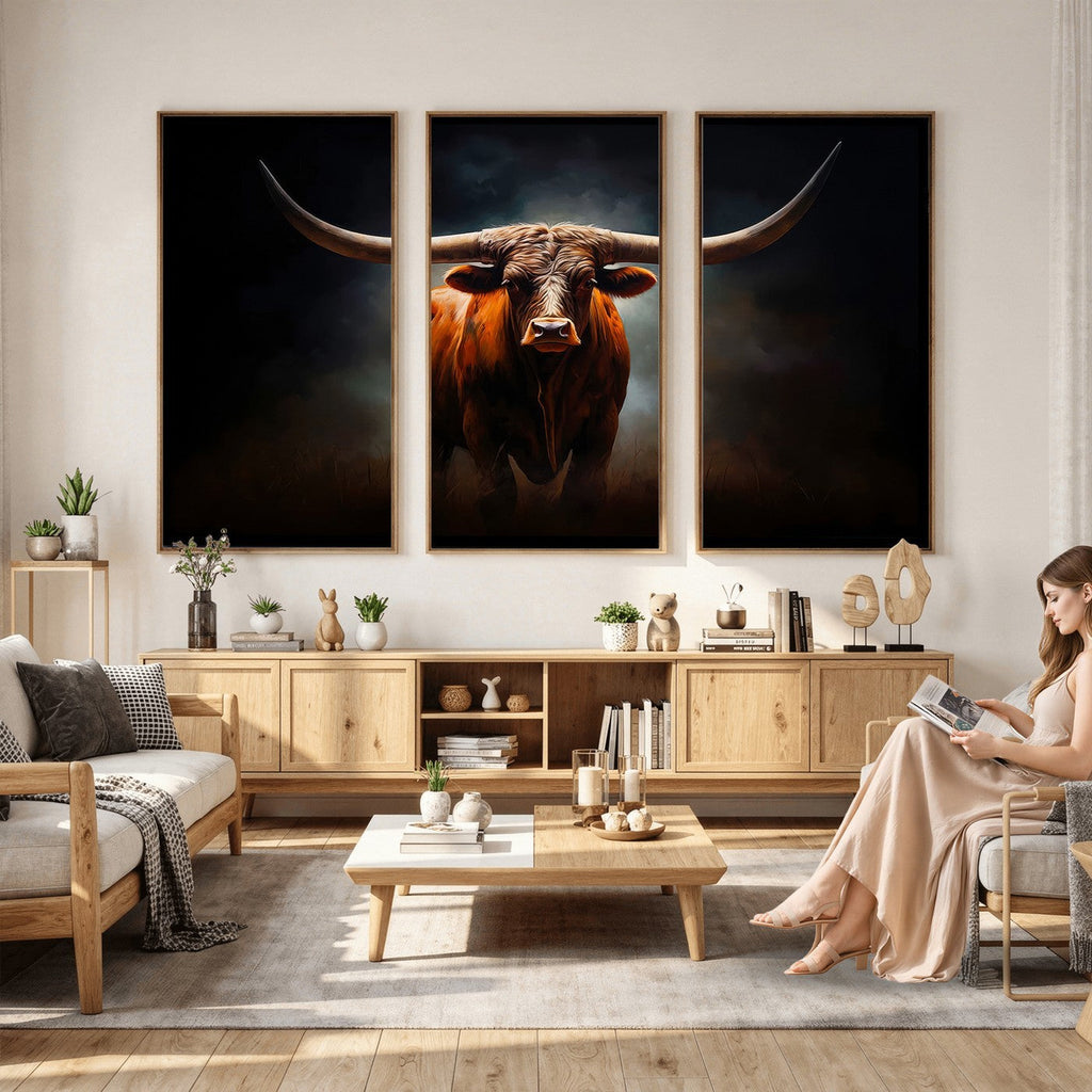 Abstract Texas Longhorn Wall Art Print | 3-Panel Large Texas Longhorn Canvas