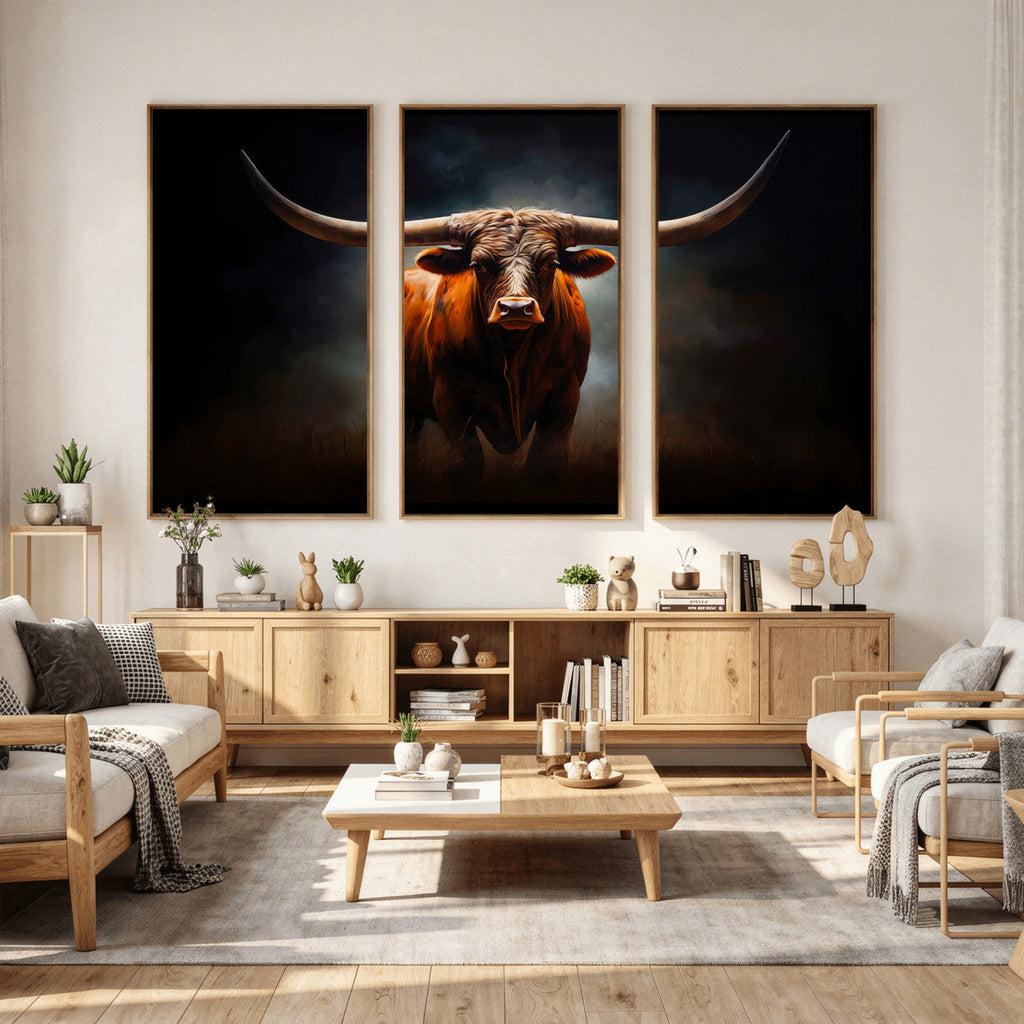 Abstract Texas Longhorn Wall Art Print | 3-Panel Large Texas Longhorn Canvas