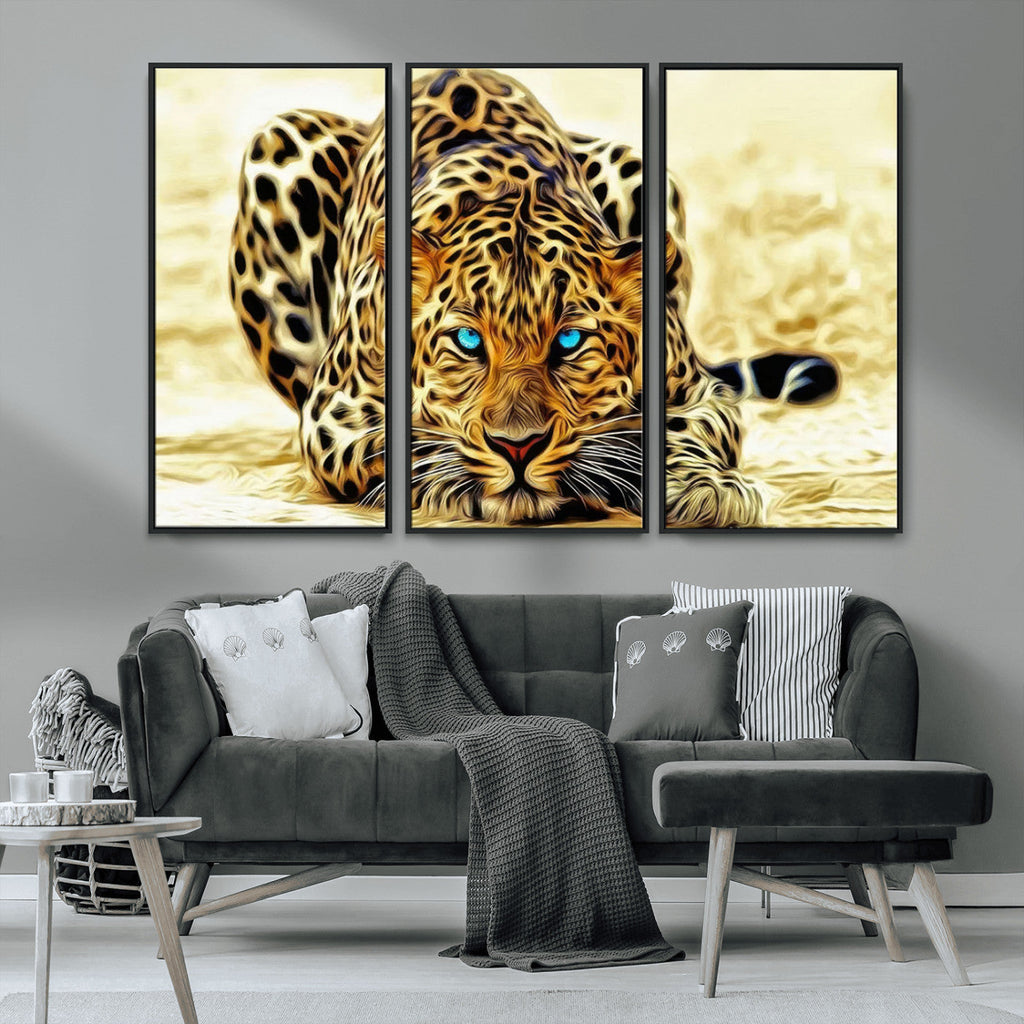 Blue-Eyed Leopard Canvas Wall Art, Framed Animal Print, Fierce and Bold Decor for Living Rooms