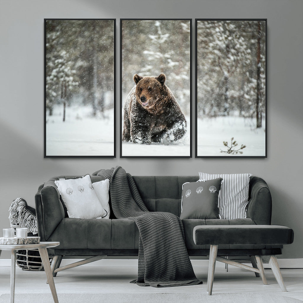 Grizzly Bear Wall Art | Framed Snowy Forest Canvas Artwork