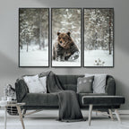 Grizzly Bear Wall Art | Framed Snowy Forest Canvas Artwork