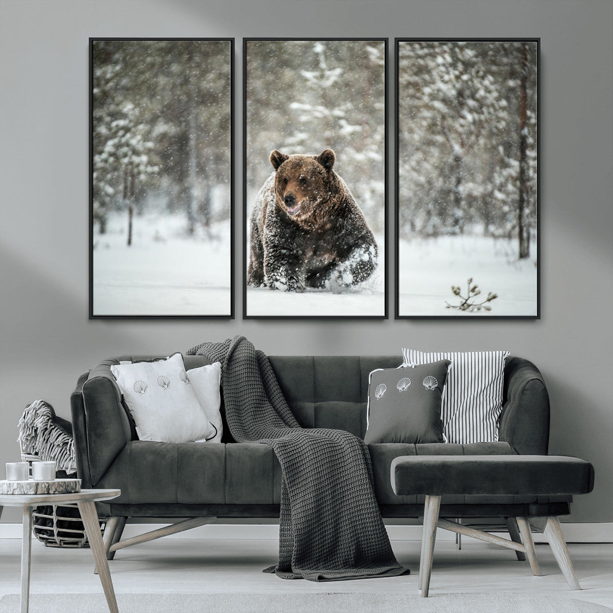 Grizzly Bear Wall Art | Framed Snowy Forest Canvas Artwork