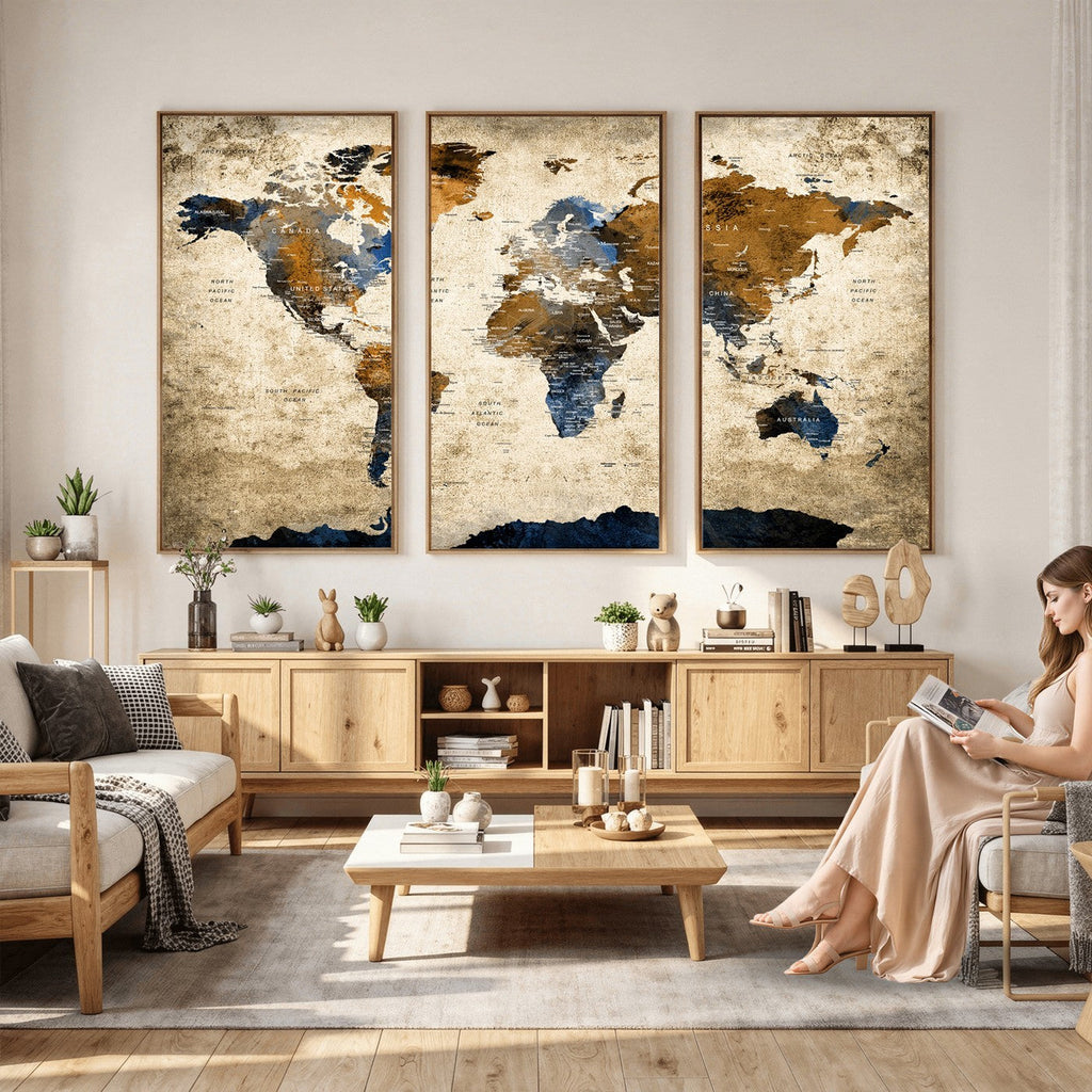 World Map Wall Art | Antique Style Blue and Brown Map Canvas Print