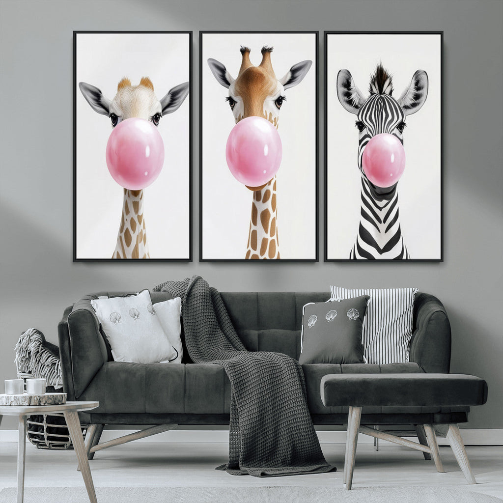 Bubblegum Animals Canvas Wall Art, Playful Giraffe and Zebra Trio, Whimsical Nursery and Kids Room Decor