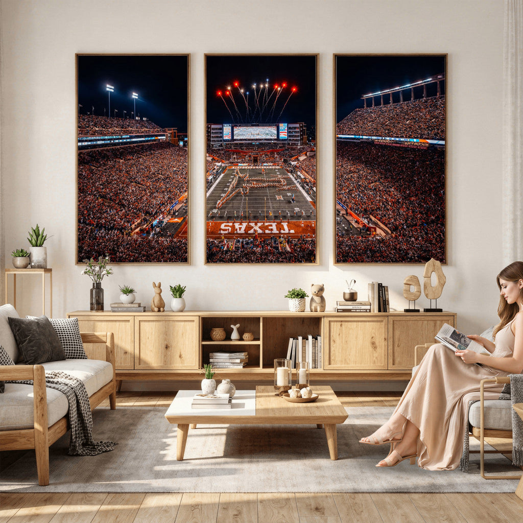 Texas Stadium Night Game Wall Art Canvas Print, Vibrant Football Fireworks Scene