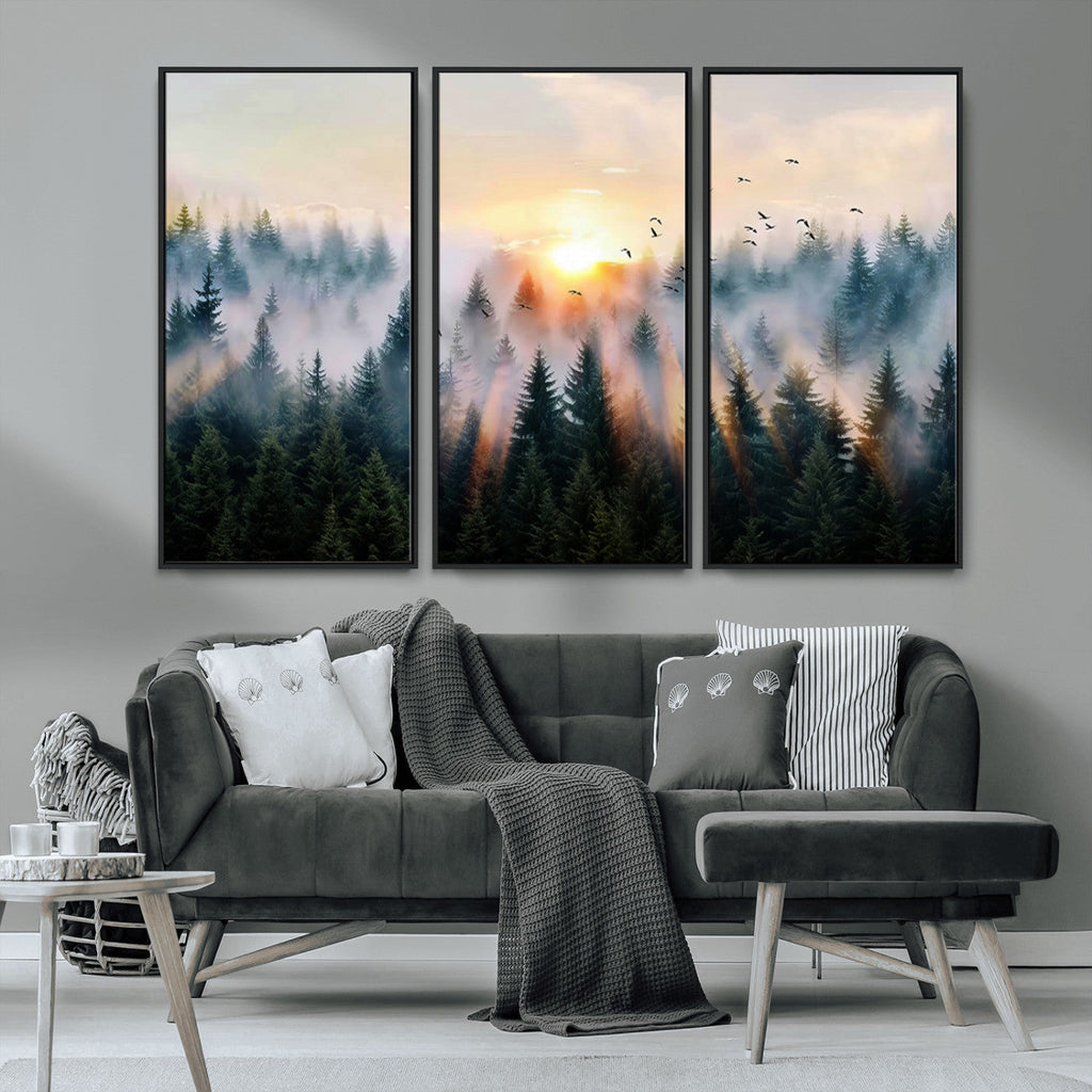 Abstract Forest Wall Art, Serene Nature Canvas Print with Misty Forest Design for Modern Home Decor