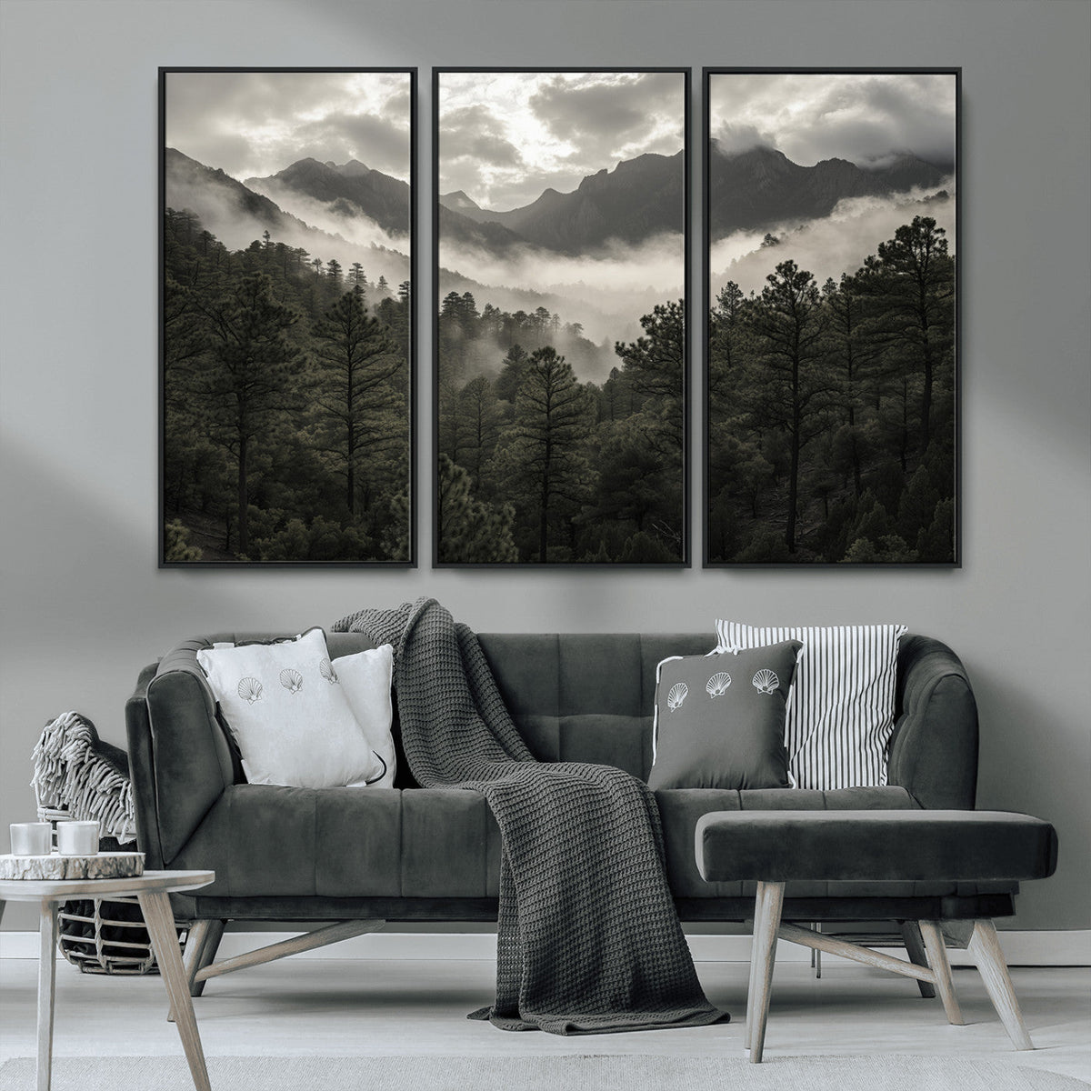 Moody Forest Wall Art | Framed Mountain Fog Canvas Artwork