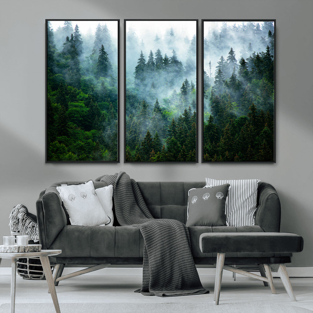 Misty Forest Wall Art Canvas Print, Framed Foggy Mountain Art, Large Scenic Woodland Canvas