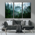 Misty Forest Wall Art Canvas Print, Framed Foggy Mountain Art, Large Scenic Woodland Canvas
