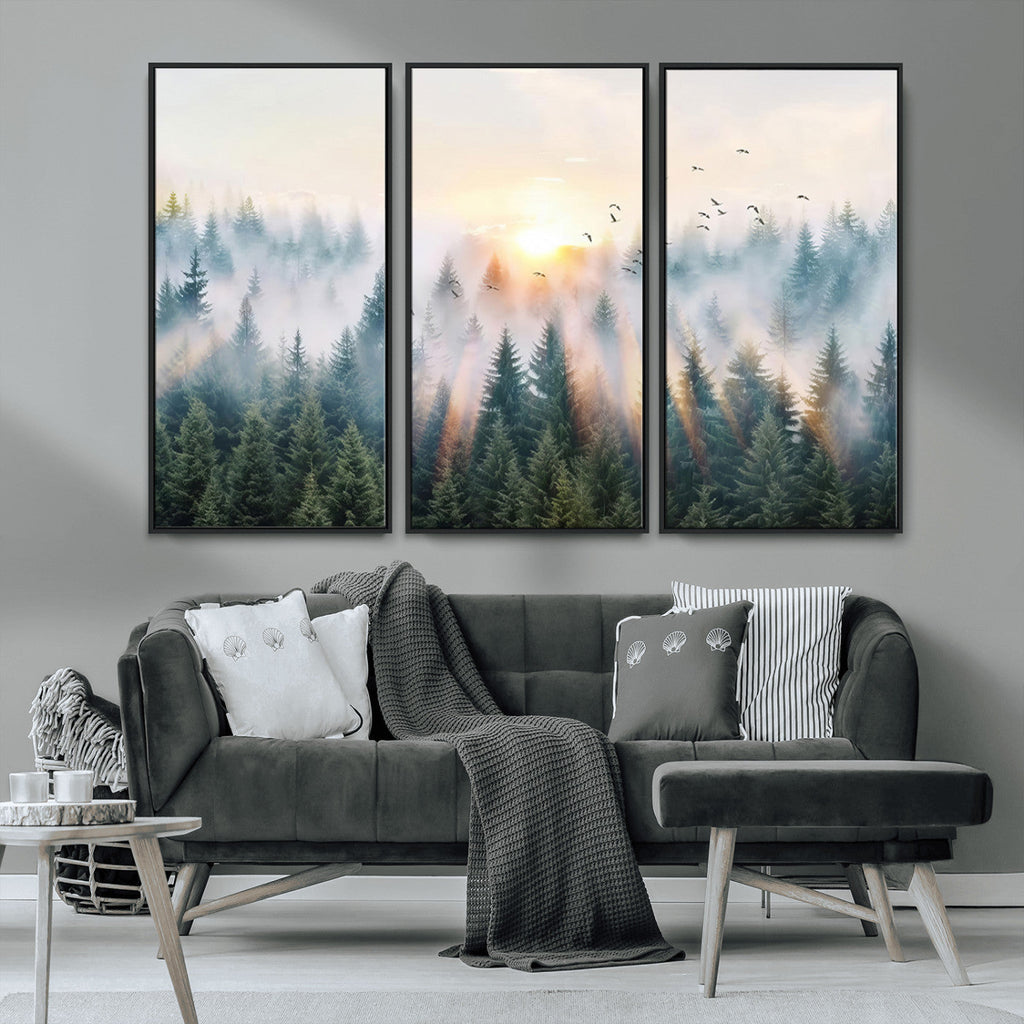 Misty Pine Forest Wall Art Canvas, Sunrise Over Foggy Trees
