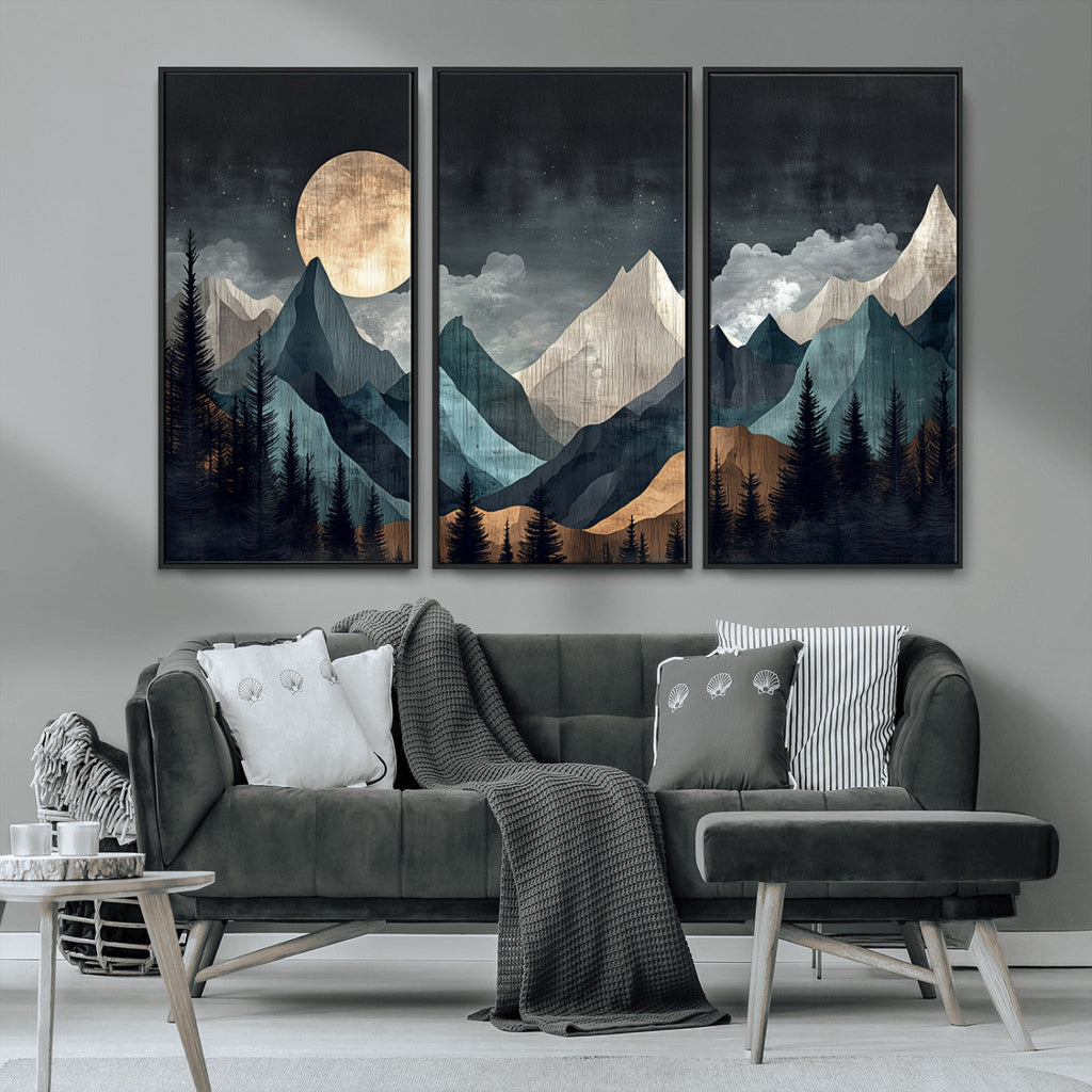 Moonlit Mountain Wall Art Canvas Print, Framed Silhouetted Pines Art, Layered Peaks Rustic Decor