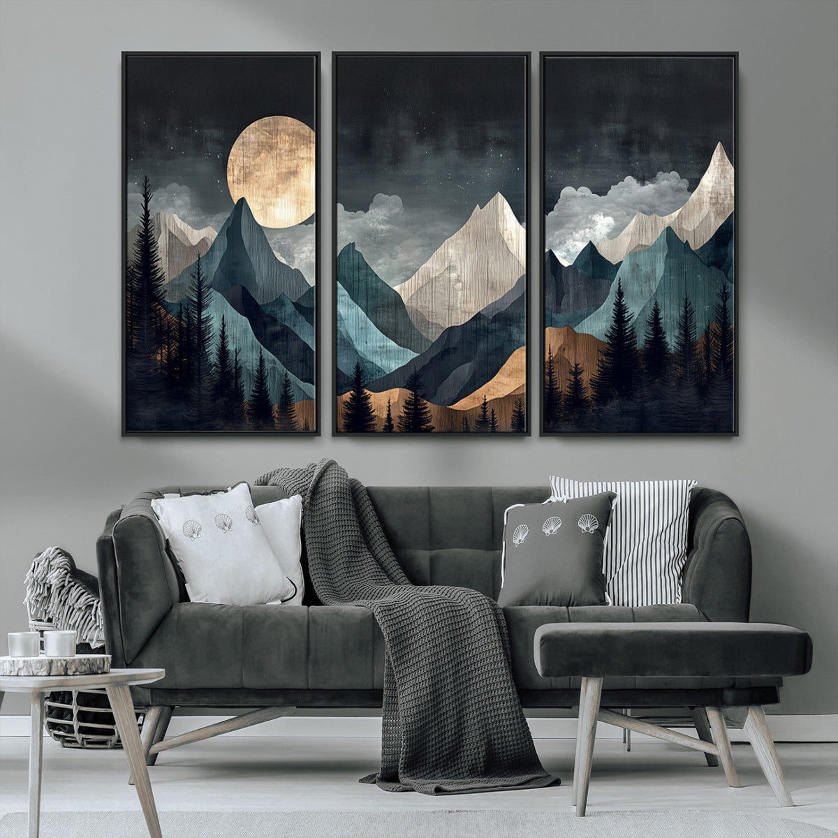 Moonlit Mountain Wall Art Canvas Print, Framed Silhouetted Pines Art, Layered Peaks Rustic Decor