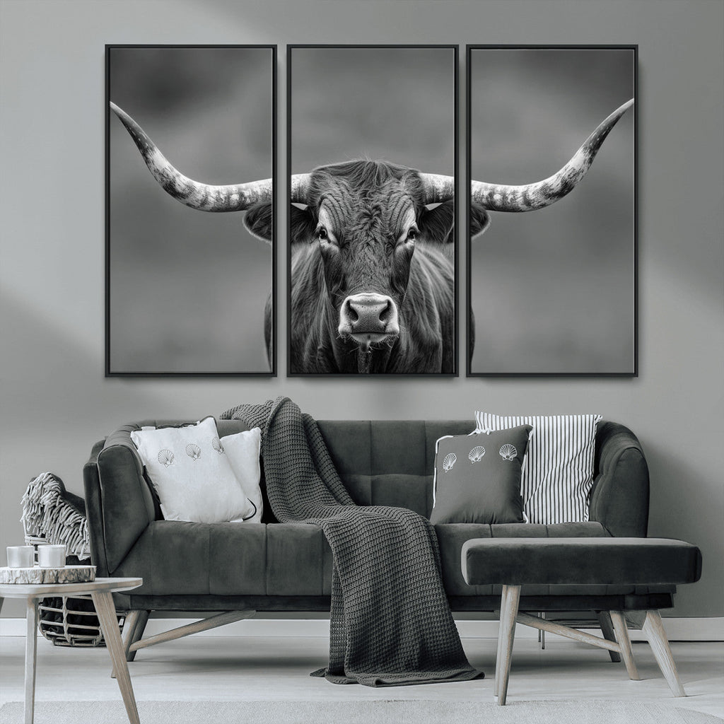 Texas Longhorn Wall Art Canvas Print, Framed Western Bull Photography, Rustic Log Cabin Decor