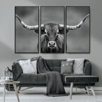 Texas Longhorn Wall Art Canvas Print, Framed Western Bull Photography, Rustic Log Cabin Decor
