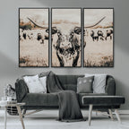 Texas Longhorn Wall Art Canvas Print | Framed Speckled Brown and White Bull