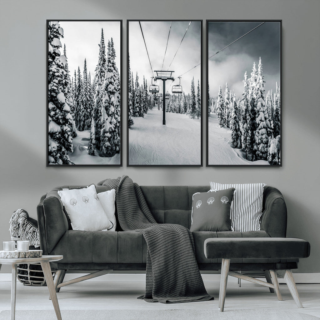 Snowy Pines Wall Art Canvas Print | Ski Lift in a Winter Forest