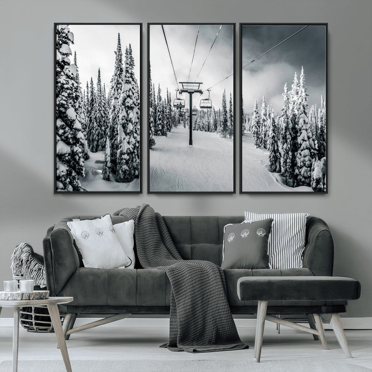 Snowy Pines Wall Art Canvas Print | Ski Lift in a Winter Forest