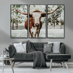 Texas Longhorn Wall Art Canvas Print | Framed Spotted Brown and White Bull