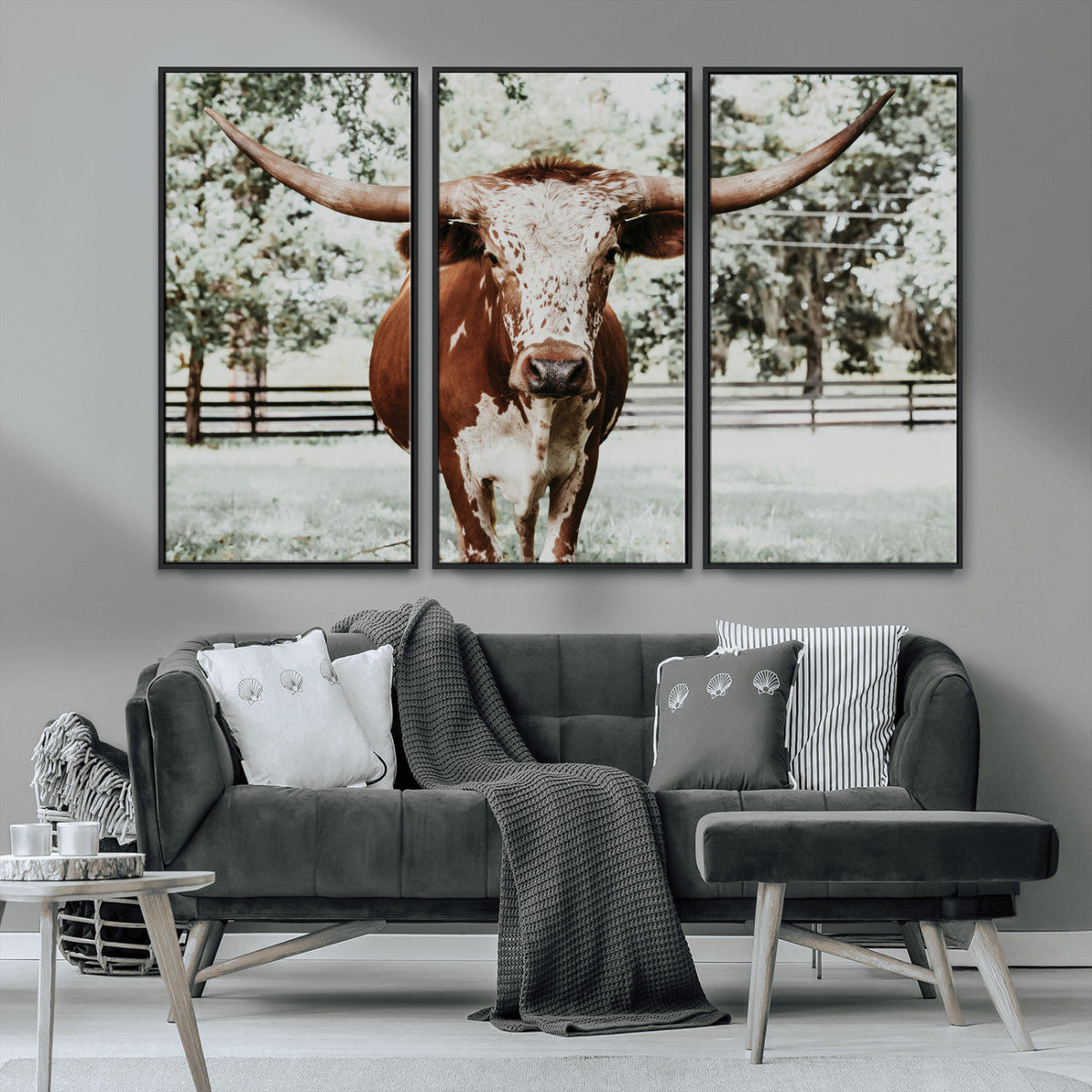 Texas Longhorn Wall Art Canvas Print | Framed Spotted Brown and White Bull