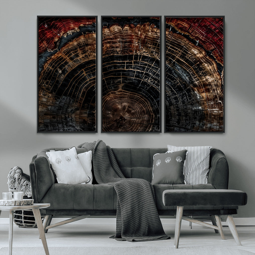 Dark Wood Ring Wall Art Canvas Print, Framed Abstract Tree Slice Print, Rustic Wood Grain Decor