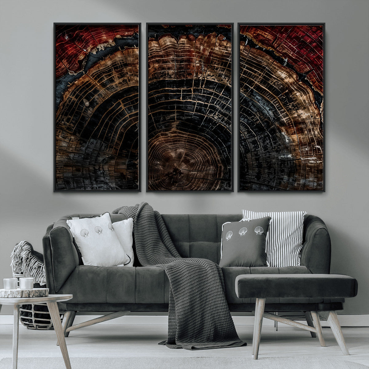 Dark Wood Ring Wall Art Canvas Print, Framed Abstract Tree Slice Print, Rustic Wood Grain Decor