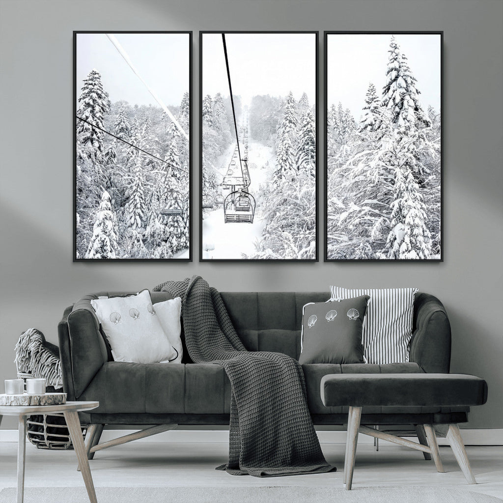 Snowy Ski Lift Wall Art | Framed Winter Mountain Canvas