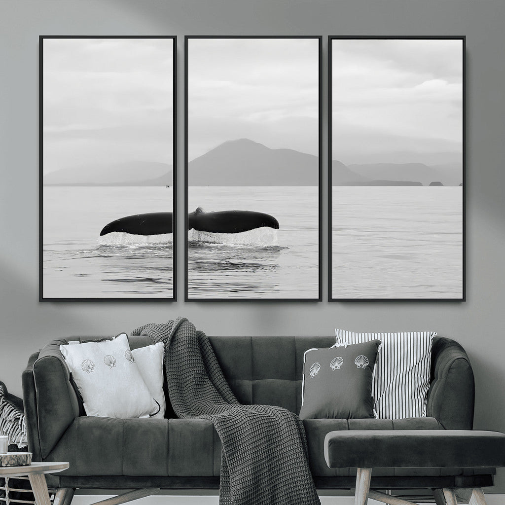 Whale Tail Wall Art | Framed Black White Ocean Canvas