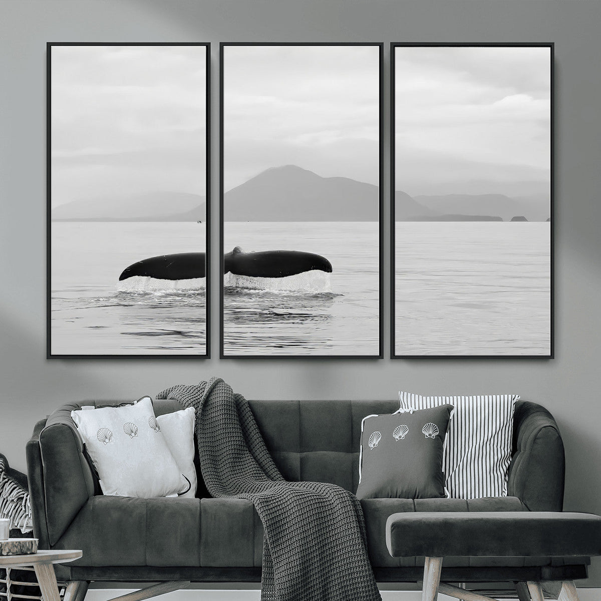 Whale Tail Wall Art | Framed Black White Ocean Canvas