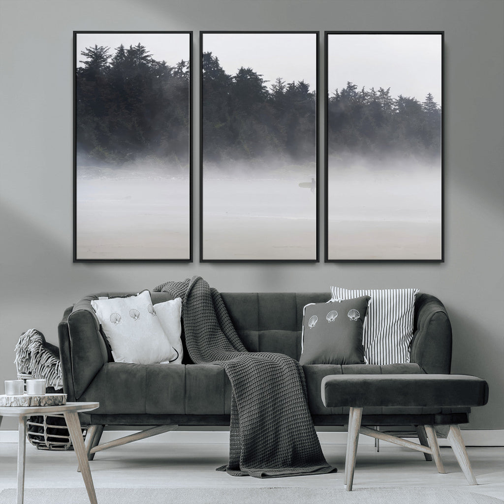 Surfer Fog Wall Art Canvas Print, Framed Foggy Beach and Coastal Surf Scene