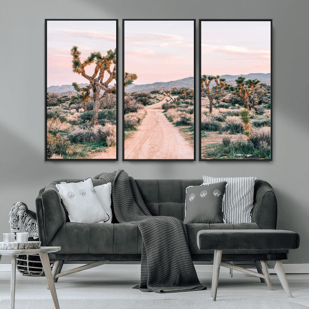 Joshua Tree Wall Art Canvas Print, Framed Desert Road Scene at Sunset