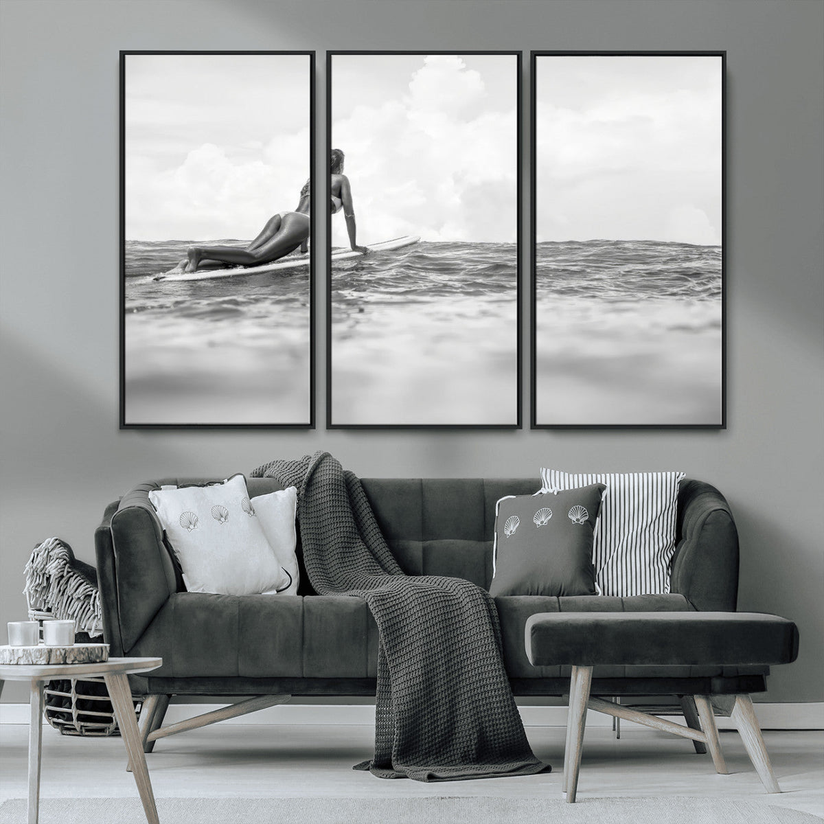 Black and White Surfing Wall Art Canvas Print, Framed Ocean Horizon Surfer Girl