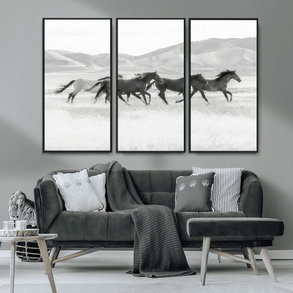 Wild Horses Running Wall Art Canvas Print, Framed Black White Mustangs Artwork