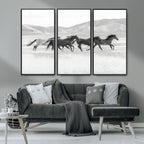 Wild Horses Running Wall Art Canvas Print, Framed Black White Mustangs Artwork