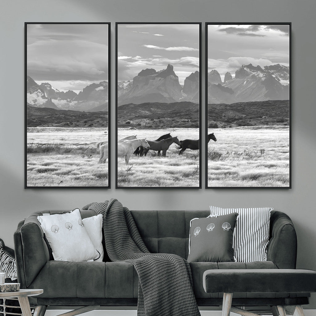 Wild Horses Wall Art | Framed Black White Mountain Canvas